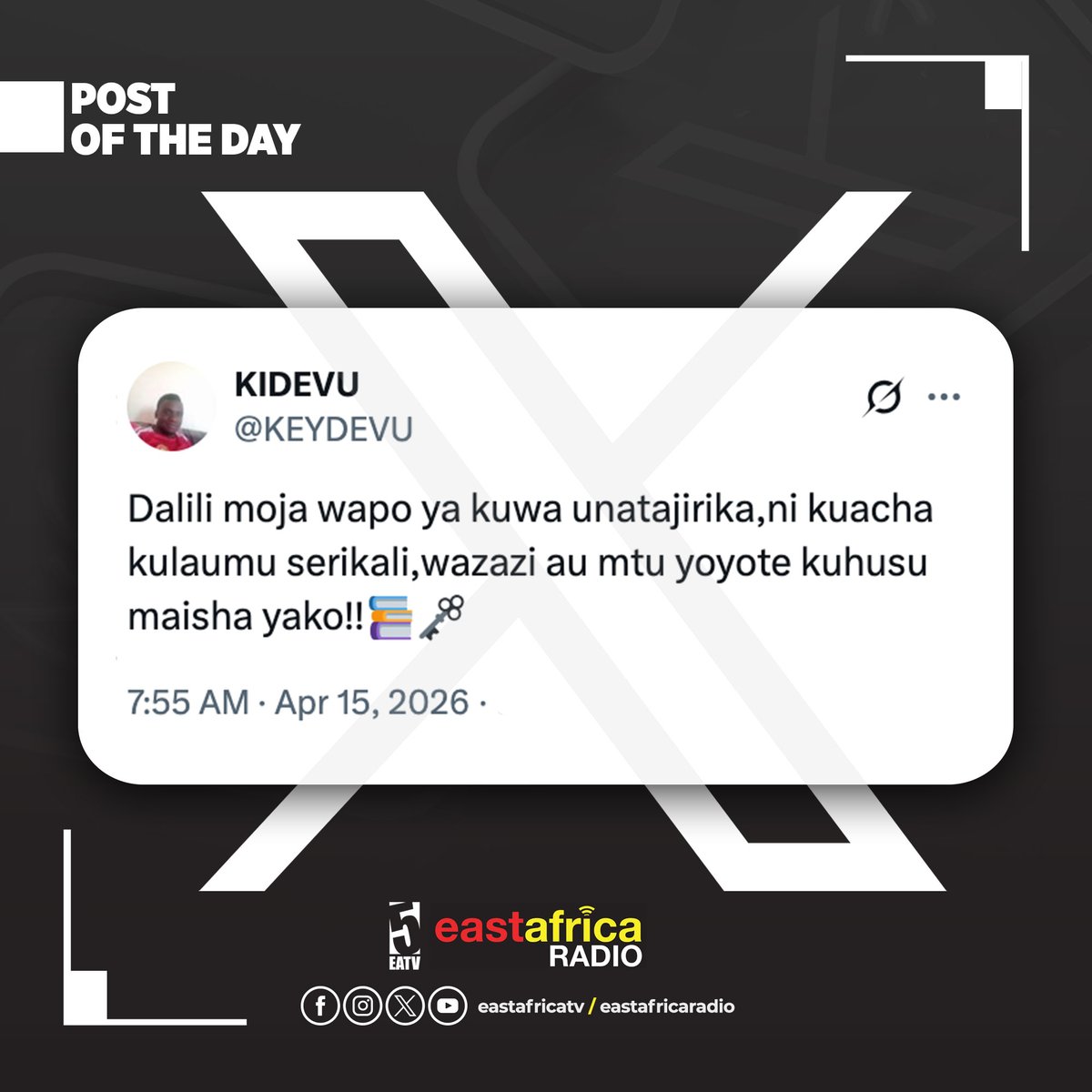 eastafricatv's tweet image. PostOfTheDay: Ishi nayo hii.

Cc: @KEYDEVU

#EastAfricaTv #PostOfTheDay #HainaKuchoka