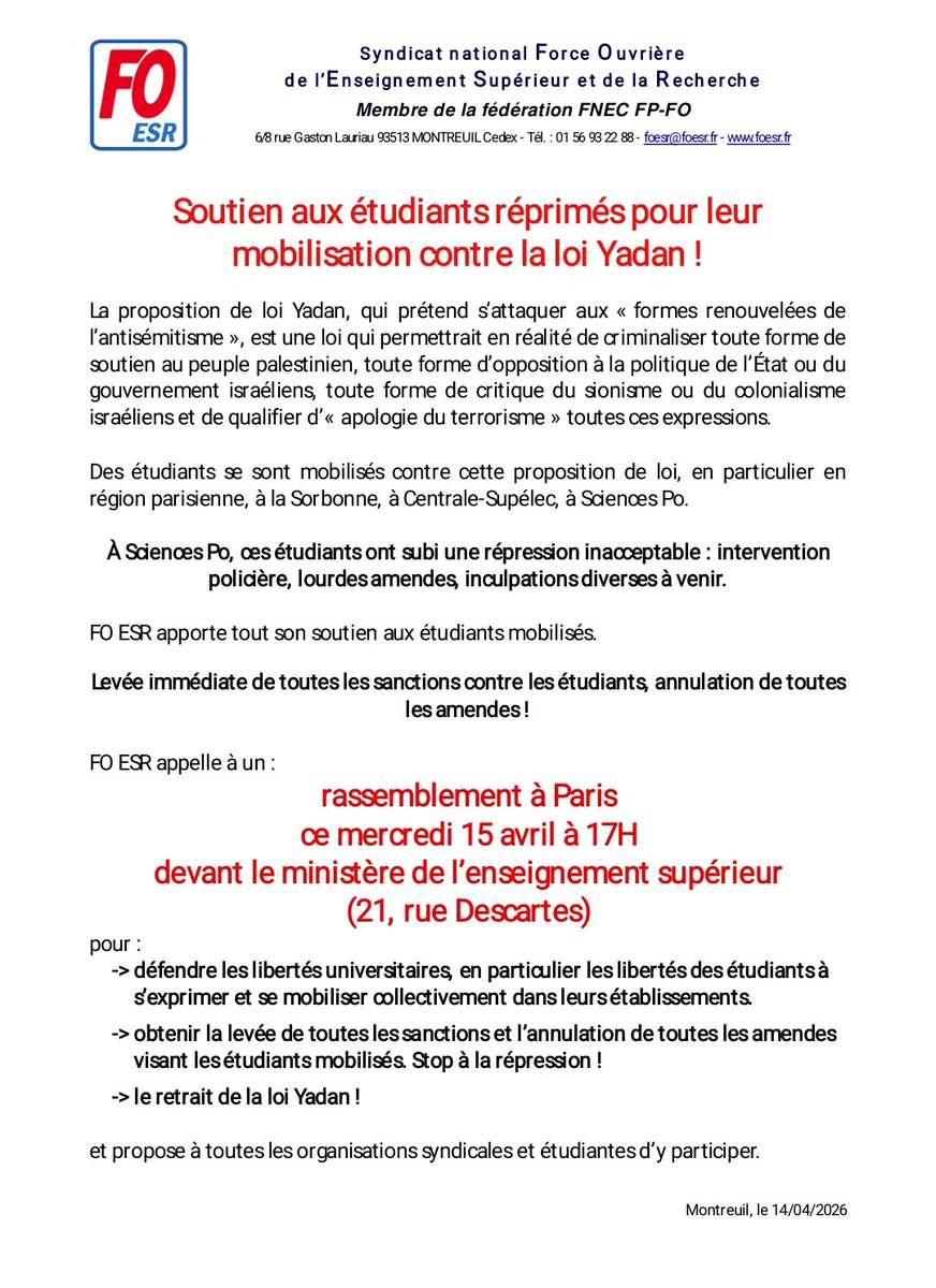 FnecFpFO's tweet photo. Le rassemblement pour soutenir les étudiants de Sciences Po : RDV au 1 rue Descartes (sur la place). https://t.co/hotf7QDntT