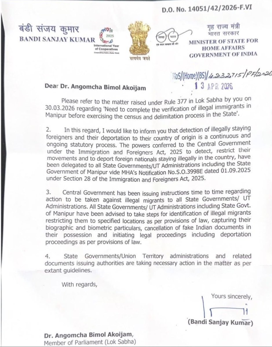Khonjel_Manipur's tweet photo. An MOS HM response to MP @Bimol_Akoijam now clearly state identifying and deporting illegal immigrants is already an ongoing process and since Sep’25 , the Central Government has delegated powers to states (including Manipur) to , few lists below : 
•Detect illegal foreigners
•Restrict their movement
•Deport them
 
While Centre remains the ultimate authority, States can act directly without waiting for approval every time. 

@govt_of_manipur @PMOIndia @YKhemchandSingh @NBirenSingh