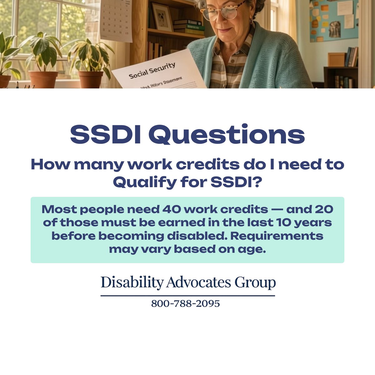 GetMeSSDI's tweet image. How many work credits do you need for SSDI?

Most people need 40 credits total, with 20 earned in the last 10 years before disability. Younger workers may qualify with fewer.

Check if you qualify: 
👉 ssdianswers.com/ssdi-screener/

#SSDI #DisabilityBenefits #SocialSecurity #SSDIHelp