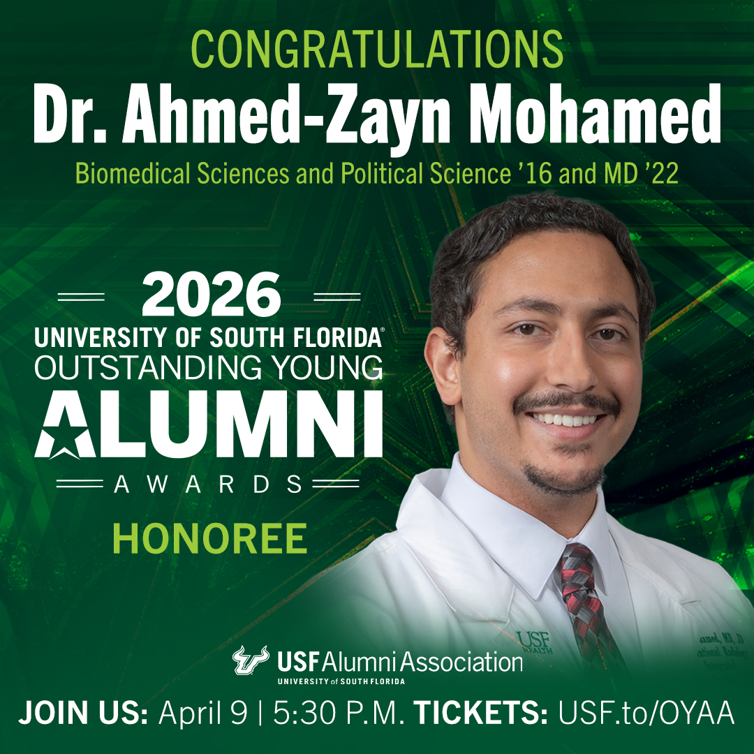 USFHealth's tweet photo. Two #USFHealth graduates were named 2026 USF Outstanding Young Alumni for exceptional professional and community accomplishments.👏 
Congrats to Dr. Ahmed-Zayn Mohamed (MD ’22) and Dr. Nicole Dinescu-Munoz (MS ’15)! https://t.co/rE9ikGxYYI https://t.co/ThqrpIXI6P