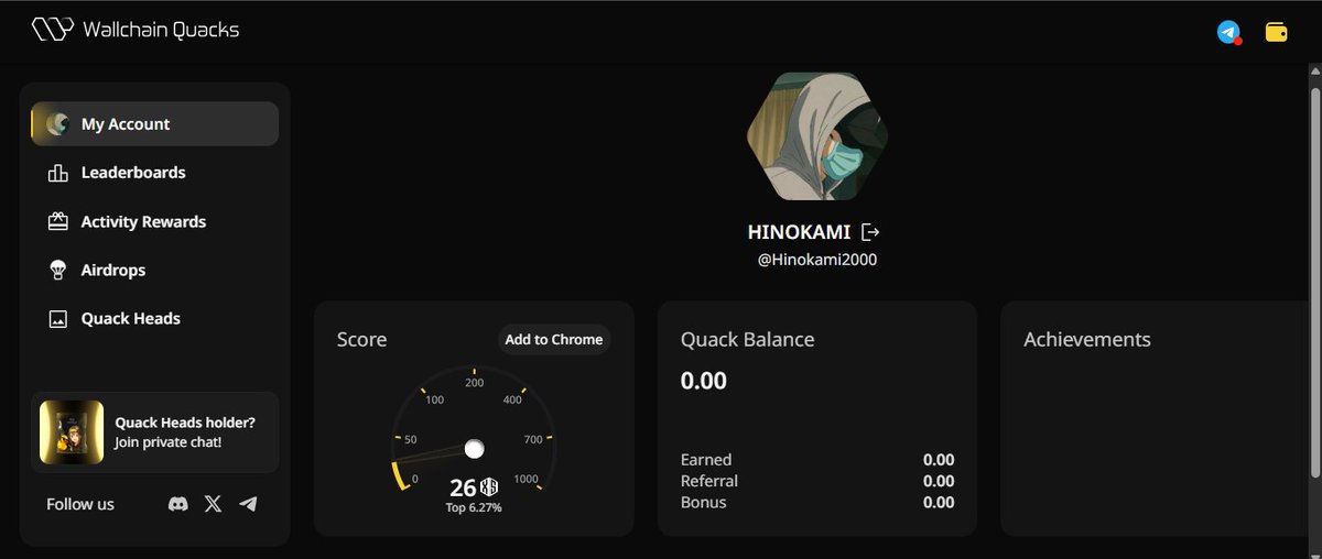 Hinokami2000's tweet photo. Just touched down on @wallchain_xyz ๐ฆ
Account set up and the grind for $QUACK points officially begins today. Ready to farm, engage, and climb the leaderboard. Letโs get this bread! ๐
#WallChain #QuackPoints #AirdropFarming #Web3 https://t.co/pgGNDyWR02