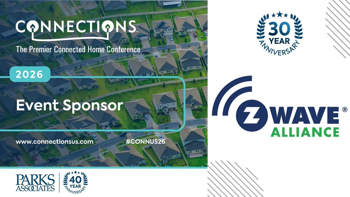 ZWave_Alliance's tweet image. We're excited to share that the Z-Wave Alliance is an Event Sponsor for Parks Associates CONNECTIONS from May 5-7, 2026 in Santa Clara.

Join us for visionary presentations and networking events centered around the connected home.

#ZWave #connectedhome #smarthome #IoT