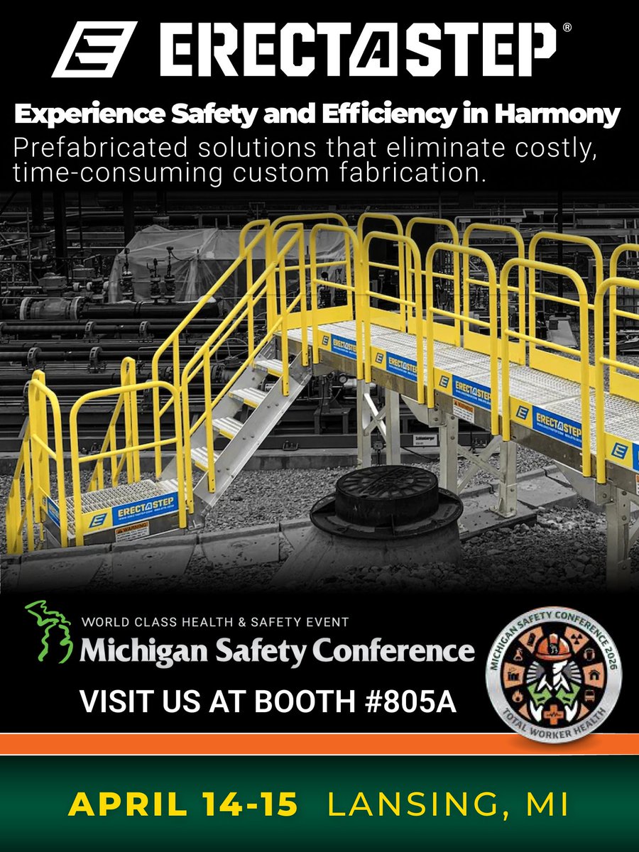 ErectaStep's tweet photo. Day 2 at the Michigan Safety Conference.

Yesterday: why workplace safety matters. 

Today: how ErectaStep helps.

Modular platforms, catwalks, and OSHA-compliant stair systems—built to eliminate the fall hazards ladders and improvised access can't fix.

Booth #805A https://t.co/n65hOyyWMc