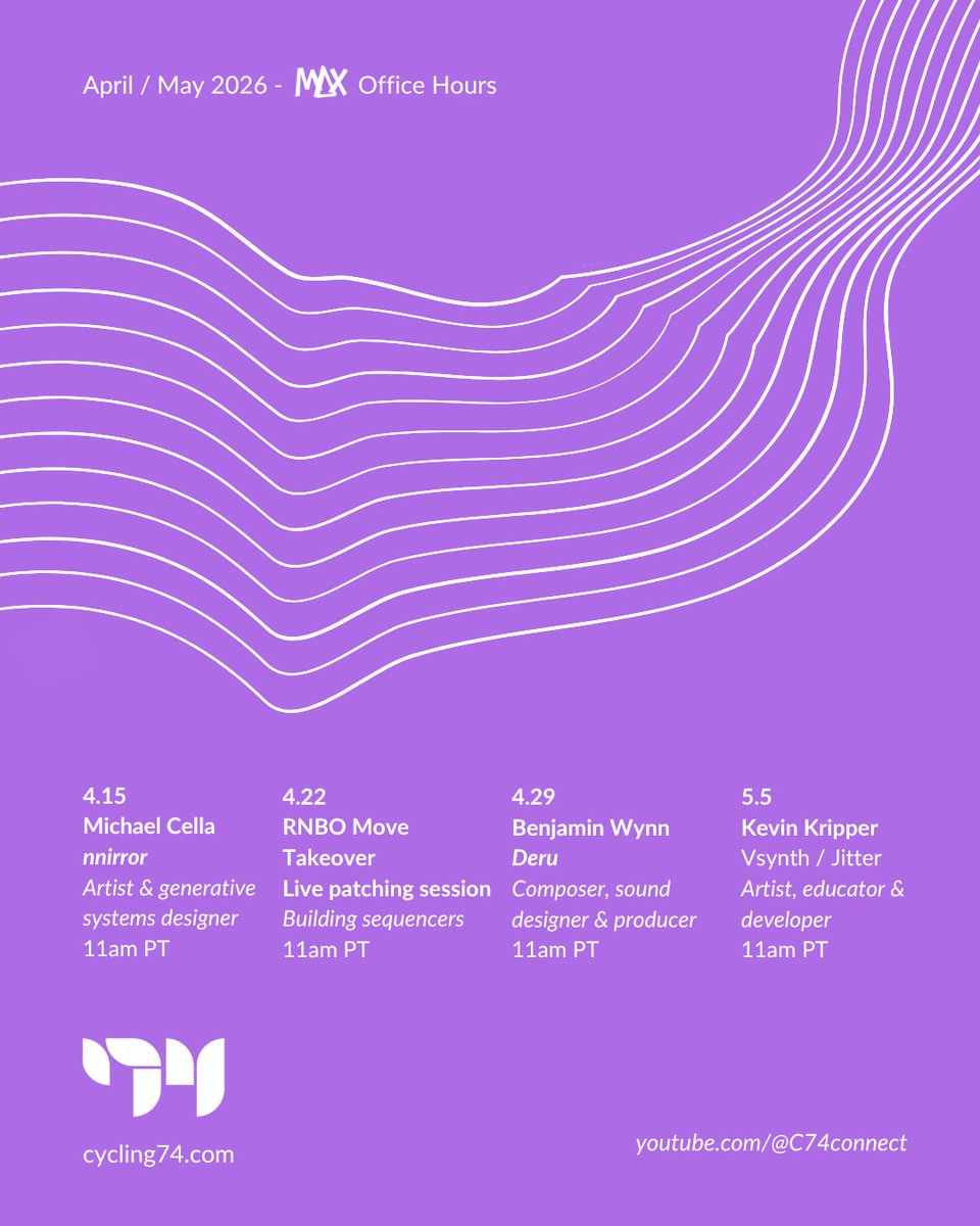cycling74's tweet image. 🔊 Office Hours with artist &amp;amp; generative systems designer, Michael Cella (aka nnirror), are TODAY! You won't want to miss it! 🔊

💬 Join the conversation here at 11am PT! 👇
youtube.com/live/DzbtzofIV…

#maxmsp #madewithrnbo #ableton #maxforlive #sounddesign