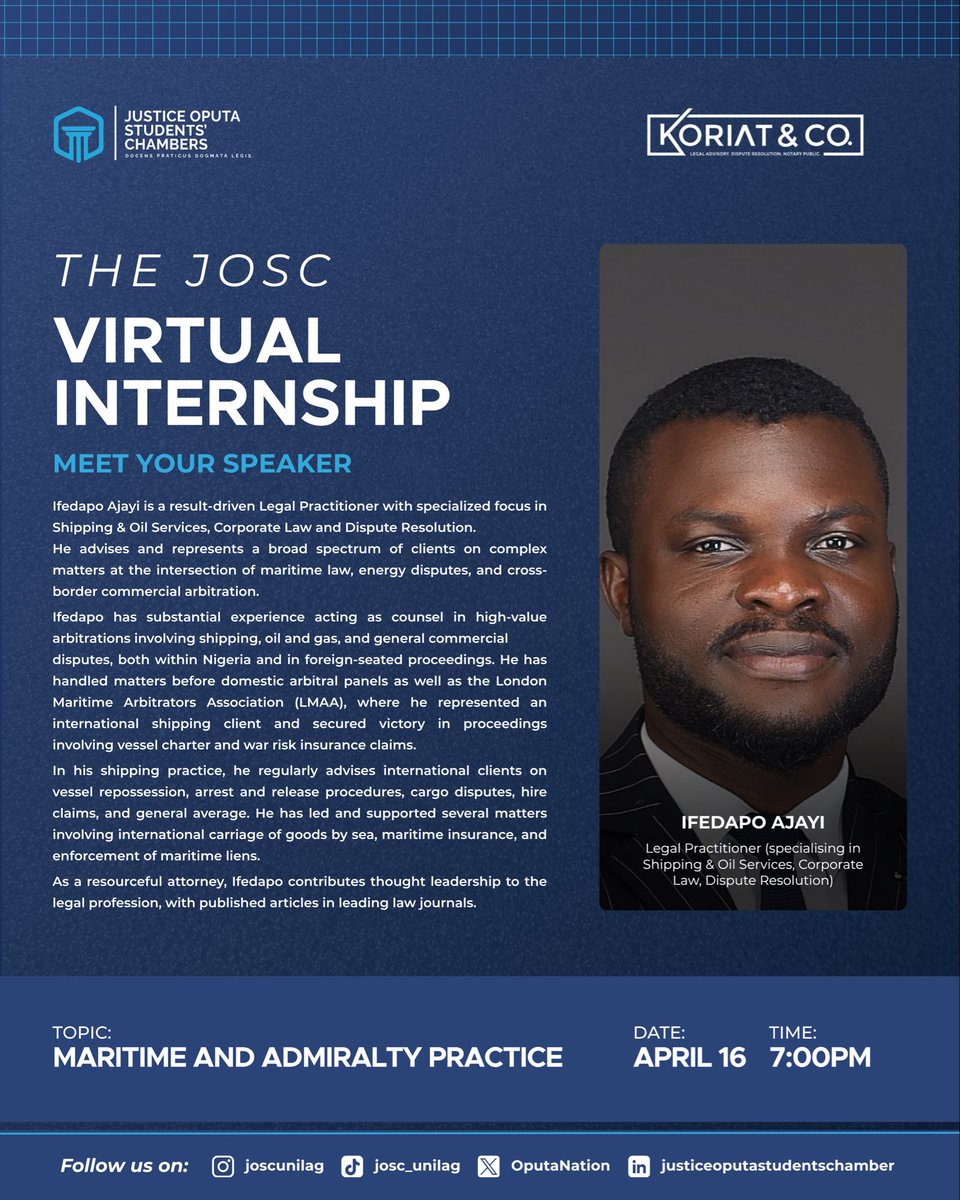 OputaNation's tweet image. Meet Ifedapo Ajayi a maritime law expert. Join him Apr 16 as he speaks on "Maritime and Admiralty Practice: Shipping Contracts, Marine Insurance and Port Operations"

#oputanation #MaritimeLaw #professionaldevelopment