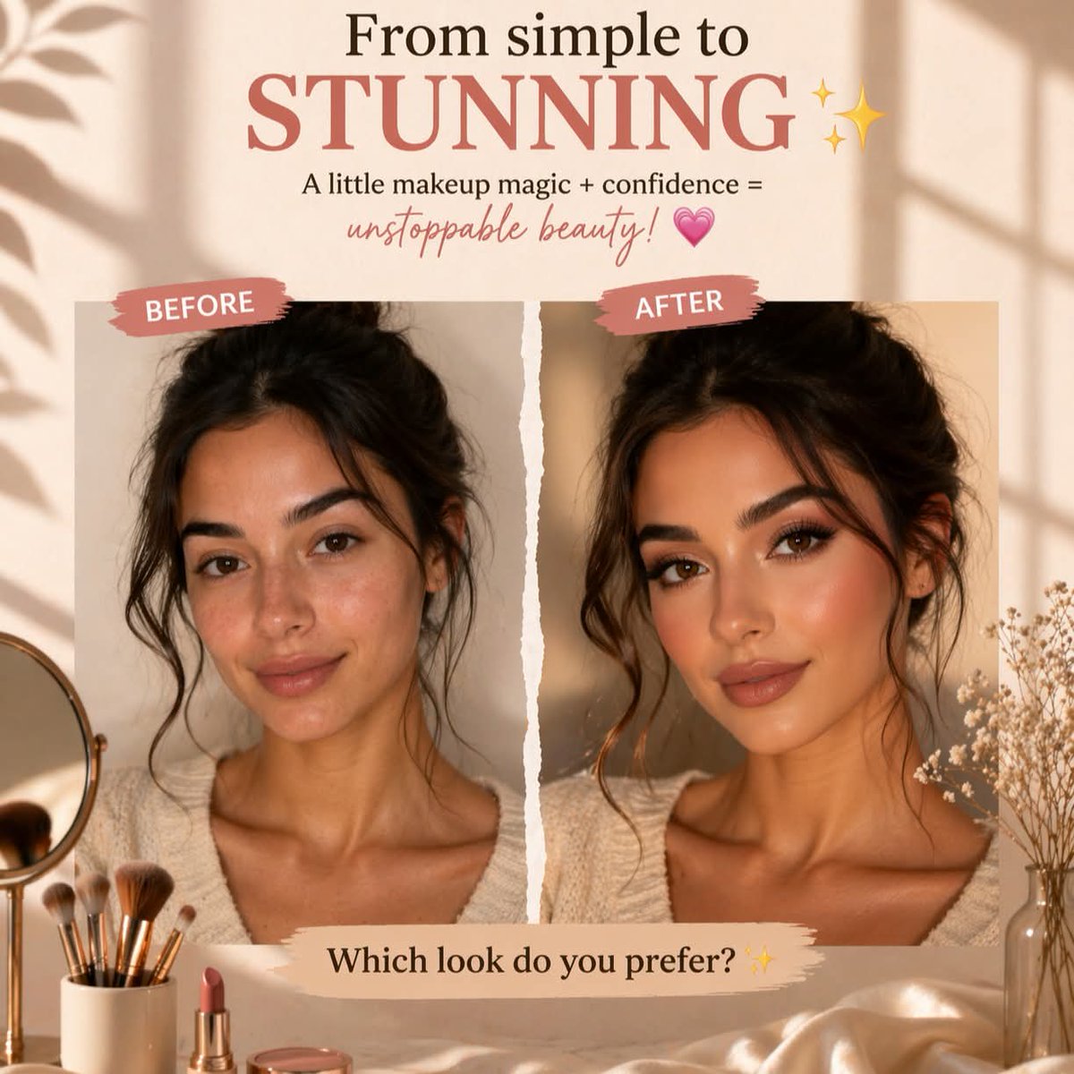 PamBomshell's tweet image. From simple to stunning 😍 A little makeup magic + confidence = unstoppable beauty. Which look do you prefer?

#MakeupTransformation #GlowUp #BeautyTransformation #MakeupArtist #BeforeAndAfter