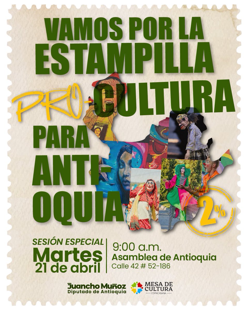 juandavidmuoz22's tweet photo. 🔴 Reconociendo que la cultura en Antioquia ha sido históricamente sostenida por el trabajo colectivo de artistas, gestores y comunidades 🎭, hoy damos un paso importante para seguir fortaleciéndola.

Desde el corazón del centro administrativo del departamento ❤️‍🔥, extendemos esta invitación a ser parte de un momento clave: la sesión de socialización del Proyecto de Ordenanza para la Estampilla Pro Cultura de Antioquia 📜. Una iniciativa que nace desde la ciudadanía 🫱🏼‍🫲🏽 y que, gracias al esfuerzo conjunto de artistas, gestores culturales, organizaciones y comunidades, hoy avanza hacia su consolidación.

📅 Fecha: martes 21 de abril
⏰ Hora: 9:00 a. m.
📍 Lugar: Recinto de la Asamblea Departamental (Calle 42 #52 186)

📲Sobre la estampilla: https://t.co/5uclbwoCi7 

#Todo2SomosProCultura
#EstampillaProCultura