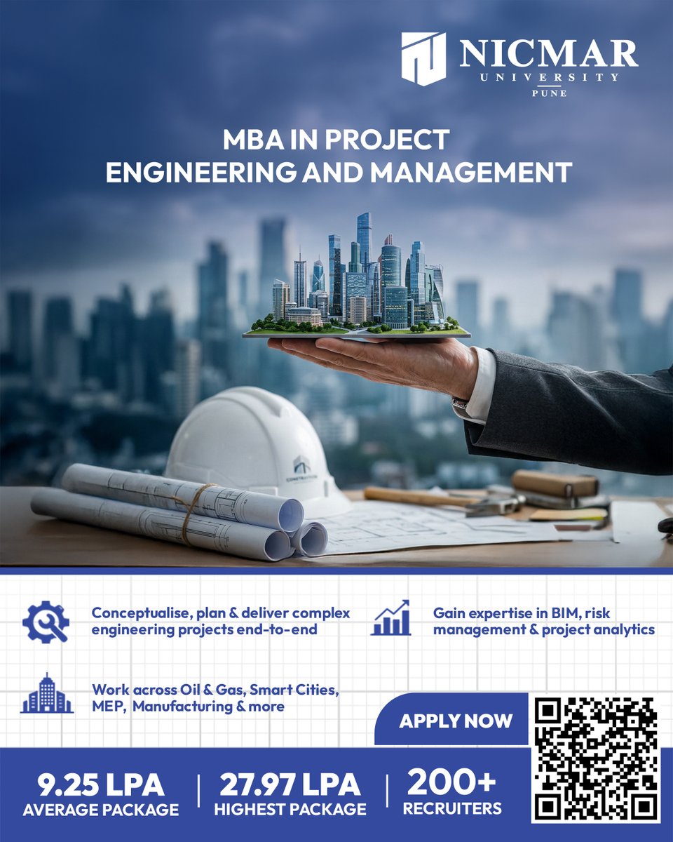 NICMARofficial's tweet photo. Every mega project needs a sharper mind behind it. NICMAR's MBA in Project Engineering &amp; Management trains you to plan, lead and deliver the world's most complex projects across industries, across borders.

#NICMARUniversity #NICMAR #Pune #MBAinPEM #ProjectEngineering https://t.co/DkIijPU71b