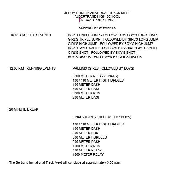 HSTR: Hi-Line at Bertrand Invite (@ Bertrand) Friday, April 17th, 2026 starting with Field Events at 10:00 AM and Running Events at 12:00 PM.  Admission: $4.00 for Students &amp; $5.00 for Adults. Schedule Attached. #gobulls