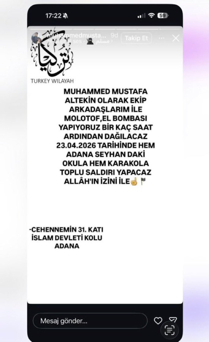 Lütfen rt arkadaşlar 

Adana da 23 Nisanı kana bulayacaklarını söylüyorlar 

<a href="/SiberayEGM/">Siberay</a> <a href="/TC_icisleri/">T.C. İçişleri Bakanlığı</a> 
<a href="/abakingurlek/">Akın Gürlek</a>