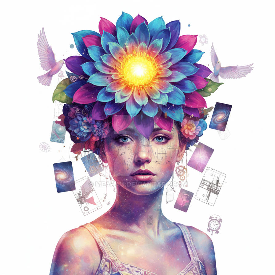 meahauart's tweet image. The #cosmiclightyearthxadlk  Bloom - #Surreal #spiritualsunday  #artㅤㅤㅤㅤ 
About This Artwork
Bursting with color and consciousness, this mesmerizing surreal portrait explores the infinite landscape of the human mind. The Cosmic Bloom features a serene #WomanOfTwitter  whose