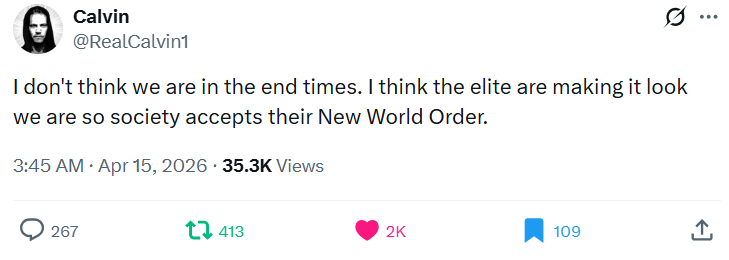 GoogleExpertUK's tweet image. I don't think we are in the end times. I think the elite are making it look we are so society accepts their New World Order.
- @RealCalvin1 
x.com/GoogleExpertUK…
x.com/RealCalvin1/st…
#socent🧩People Power💐#creatives