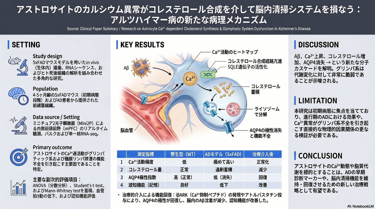 thmonk_pf's tweet image. Aβ oligmerがastrocyte Gq GPCR−Ca²⁺信号を亢進させcholesterol合成遺伝子群上方制御
→蓄積cholesterolが脂質luft依存性AQP4 endocytosis促進しlysosomeへ誘導
→AQP4極性が消失しglymphatic障害

atorvastatinやSqle特異的KDで改善

#Alzheimers 
#Glymphatics 
#papers 
nature.com/articles/s4159…