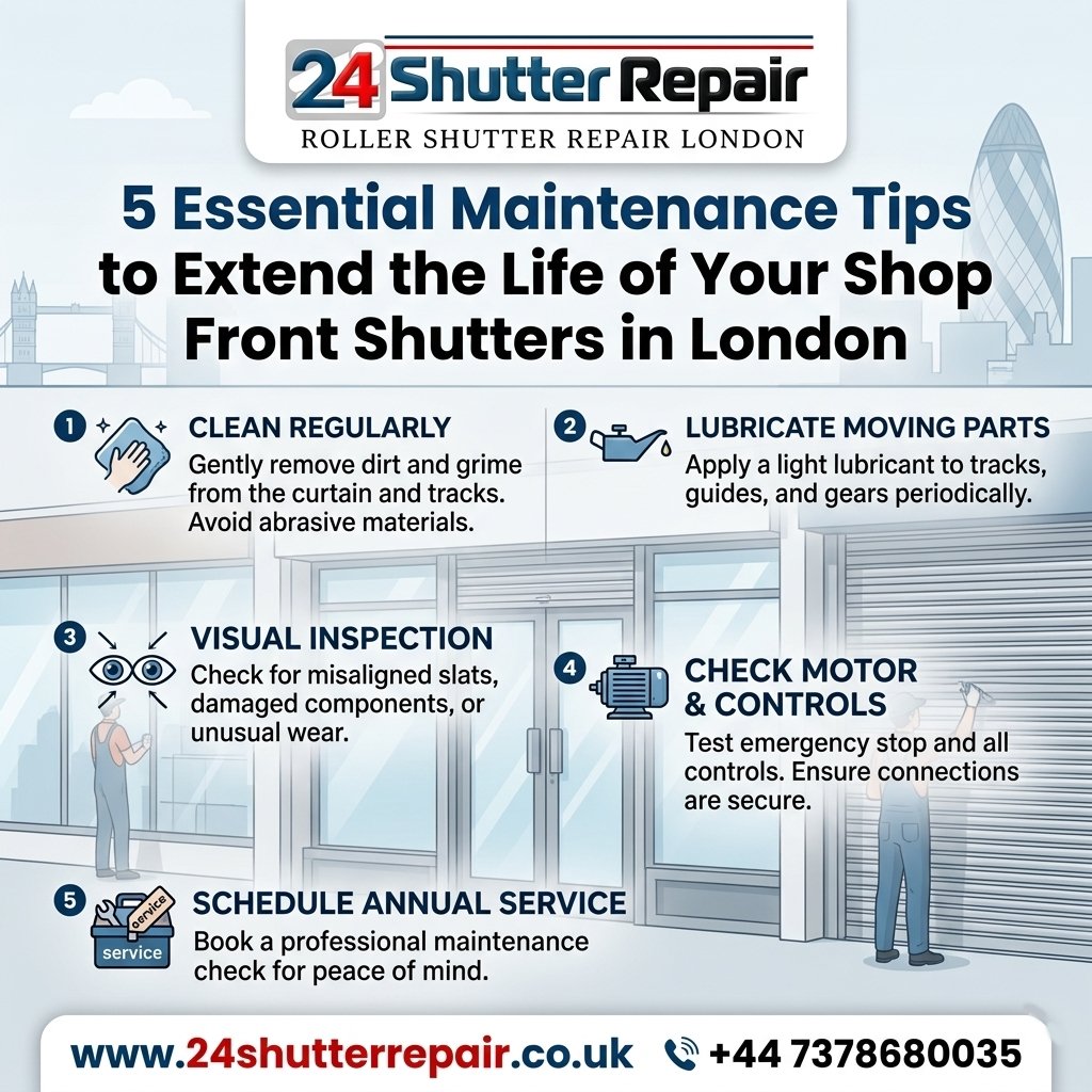 24shutterrepair's tweet image. 🔧 Extend the life of your shop front shutters in London with these 5 simple tips:
✔️ Clean tracks
✔️ Lubricate parts
✔️ Check for rust
✔️ Fix alignment
✔️ Schedule servicing
Avoid costly repairs &amp;amp; keep your business secure!
📞 +44 7378680035
🌐 24shutterrepair.co.uk/blog/5-essenti…

#Shutter