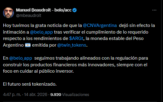 CriptoNoticias's tweet photo. 🇦🇷 La CNV de Argentina levantó la intimación contra @belo_app y @twin_tokens por la stablecoin ARGt. 

🔍 La condición fue eliminar toda referencia a rendimientos, intereses o retornos asociados al activo, que ahora debe presentarse solo como medio de pago digital 1:1 con el peso.

📜 El regulador confirmó que los sitios web y apps ya no prometen ganancias por la tenencia. Sin embargo, la resolución omite validar las auditorías de respaldo bancario que las empresas afirman realizar.