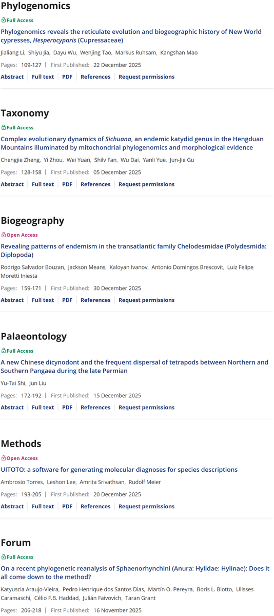 CladisticsAlert's tweet photo. 🚨#NewIssueAlert of #Cladistics
⚠️𝐕𝐨𝐥𝐮𝐦𝐞 𝟒𝟐, 𝐈𝐬𝐬𝐮𝐞 𝟐, 𝐀𝐩𝐫𝐢𝐥 𝟐𝟎𝟐𝟔📢https://t.co/DFUfb0eF3F

#Cupressaceae #UITOTO #MolecularDiagnosis #Phylogenomics #Biogeography #Palaeontology #Sphaenorhynchini #Dicynodont #Chelodesmidae #Sichuana #Hesperocyparis #Science https://t.co/YyU5PH1mv8