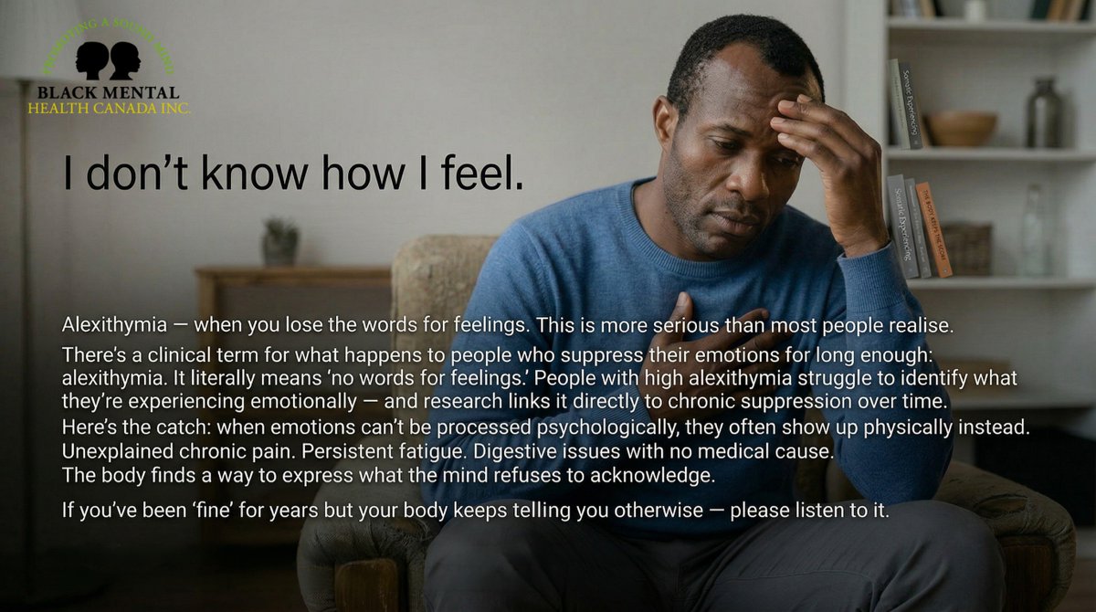 BMH_Canada's tweet photo. “I don’t know how I feel.”

Sometimes, that’s not avoidance—it’s alexithymia. When emotions go unprocessed, the body often carries them instead. 

Chronic pain. Fatigue. Discomfort with no clear cause. Listen to your body. https://t.co/zAMsmIDsU0