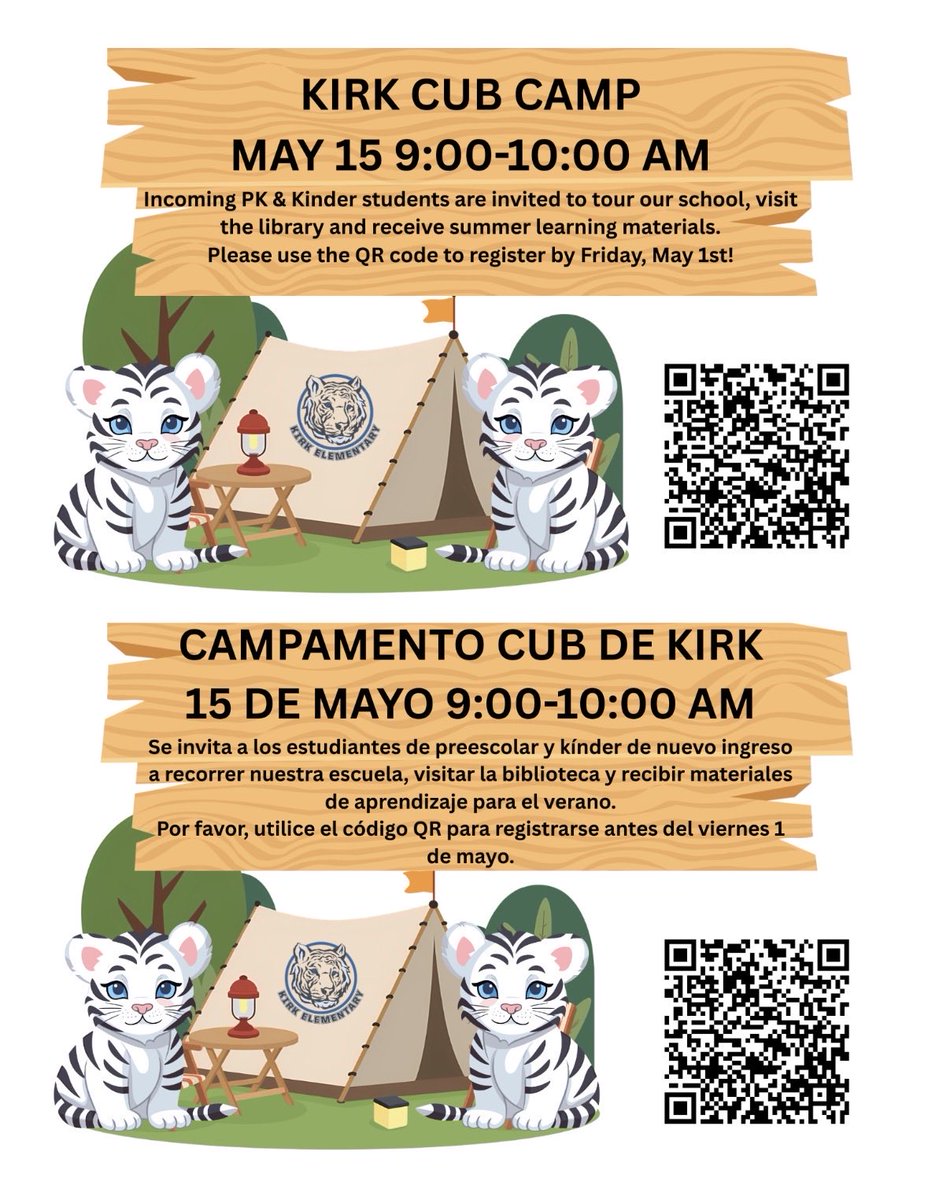 KirkElementary's tweet image. Cub Camp for incoming Pre-K and Kindergarten students will be held on Friday, May 15, from 9:00–10:00 a.m. Please scan the QR code or click the link below to register by Friday, May 1. #KirkCan

docs.google.com/forms/d/e/1FAI…