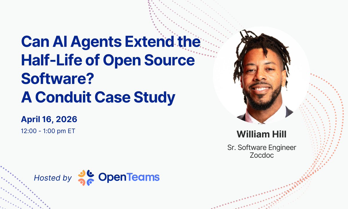 openteamsinc's tweet photo. Tomorrow!
OSA Community session with William Hill:
"Can AI Agents Extend the Half-Life of Open Source Software?"
A real codebase. An honest scorecard.
Don’t forget to register: https://t.co/bgF70n7QqN
#OSACommunity #OpenSource #AIAgents https://t.co/nYLw5WjfOP