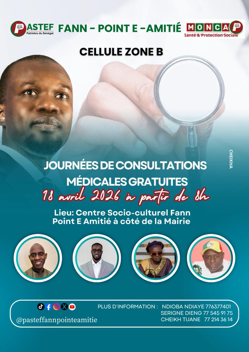 pasteffpa's tweet photo. 🛑JOURNÉES DE CONSULTATIONS MÉDICALES GRATUITES 

La cellule PASTEF Fann – Point E – Amitié (Zone B)vous invite à des journées dédiées à votre santé !

📅 Date : 18 avril 2026  
⏰ Heure : À partir de 8h  
📍 Lieu : Centre socio-culturel Fann Point E Amitié (à côté de la mairie) https://t.co/CMiPriUFvF