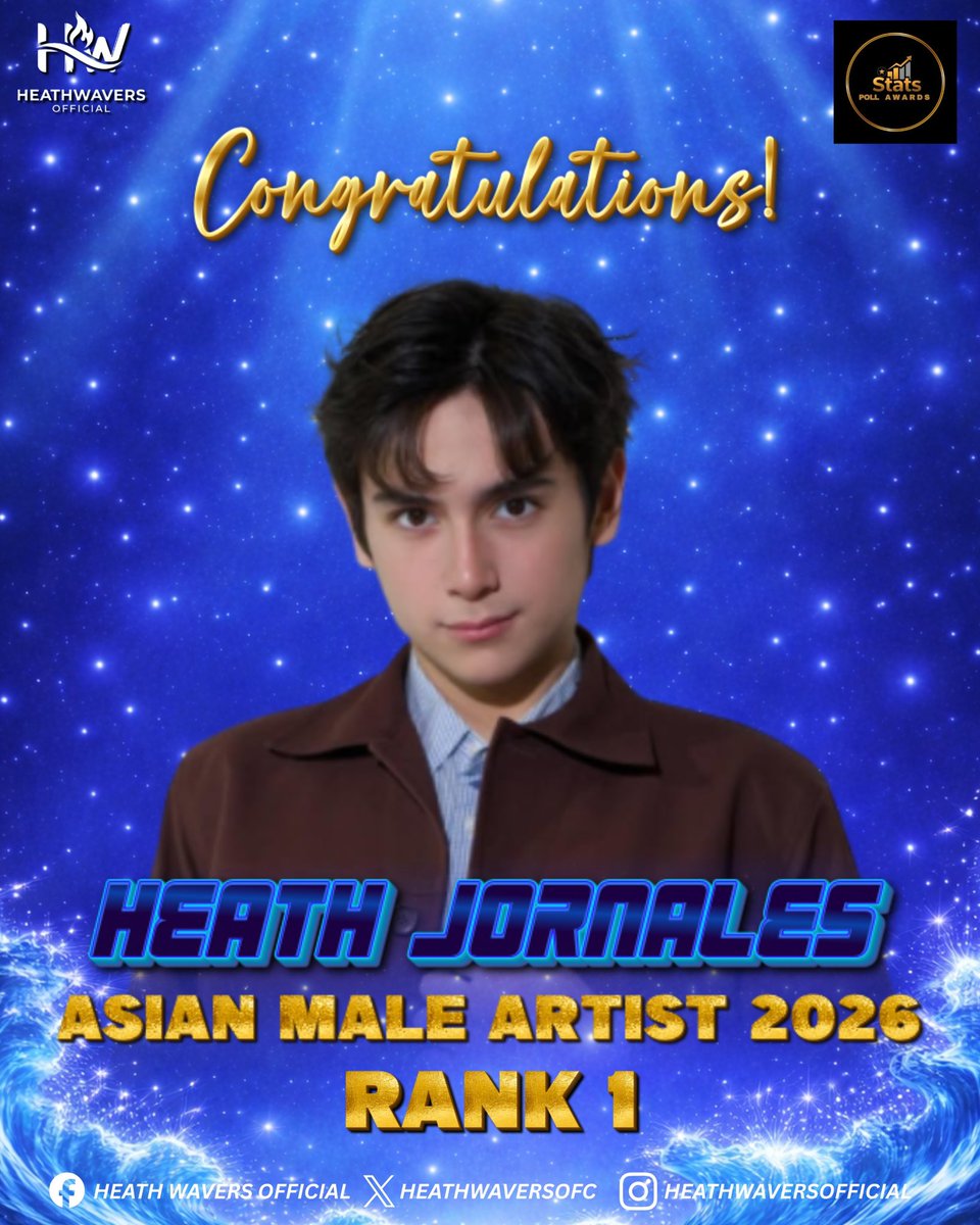 HeathWaversOFC's tweet image. CONGRATULATIONS, HEATH! 💙

Heath Jornales has officially secured TOP 1 Asian Male Artist 2026 in the Stats Poll Awards!

This win means so much—not just for him, but for everyone who showed up, voted, shared, and never stopped believing. 

A huge thank you to all the fans and
