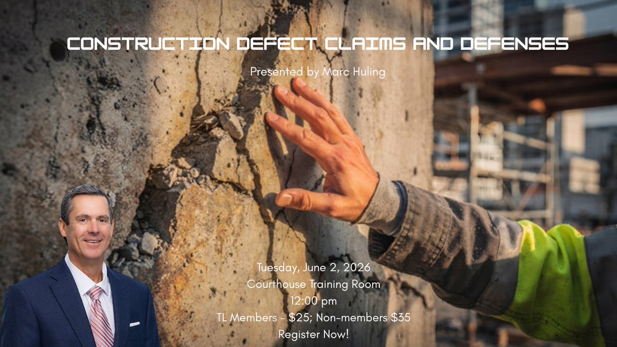 Collier_Bar's tweet photo. Behind every cracked foundation or leaky roof is a bigger story; one that can quickly turn into a legal and financial headache. Join us as we welcome Marc Huling, who will break down the complexities of construction defects and the defenses that shape these cases. https://t.co/naX1g4adBB