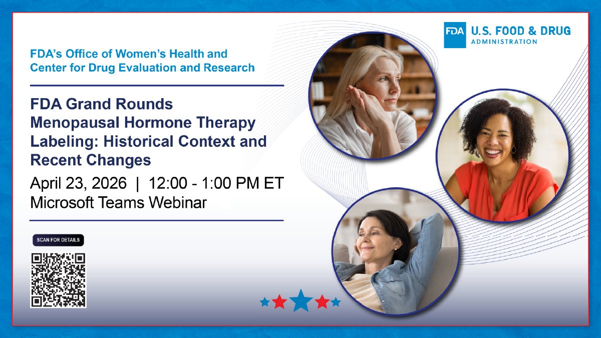 FDAWomen's tweet image. Curious about menopausal hormone therapy (MHT)? Join us and @FDA_Drug_Info on 4/23 for #FDAGroundRounds to explore: 

✅ The history of MHT regulation

✅ Recent labeling updates to MHT

✅ What these changes mean for #WomensHealth

Learn More: FDA.gov/GrandRounds