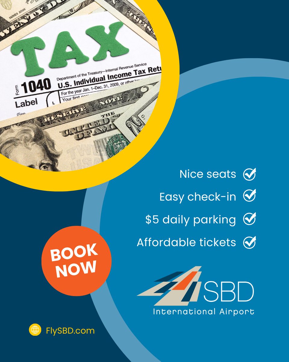 Tax Refund? Book a well-earned getaway from SBD!

With <a href="/BreezeAirways/">Breeze Airways</a> affordable fares &amp; great destinations &amp; SBD's $5 daily parking, the savings in your wallet = big fun during your holiday.

Book tax-refund travel here: na2.hubs.ly/H03VK0_0

#FlySBD ✈️ #TaxRefund #SBDAirport