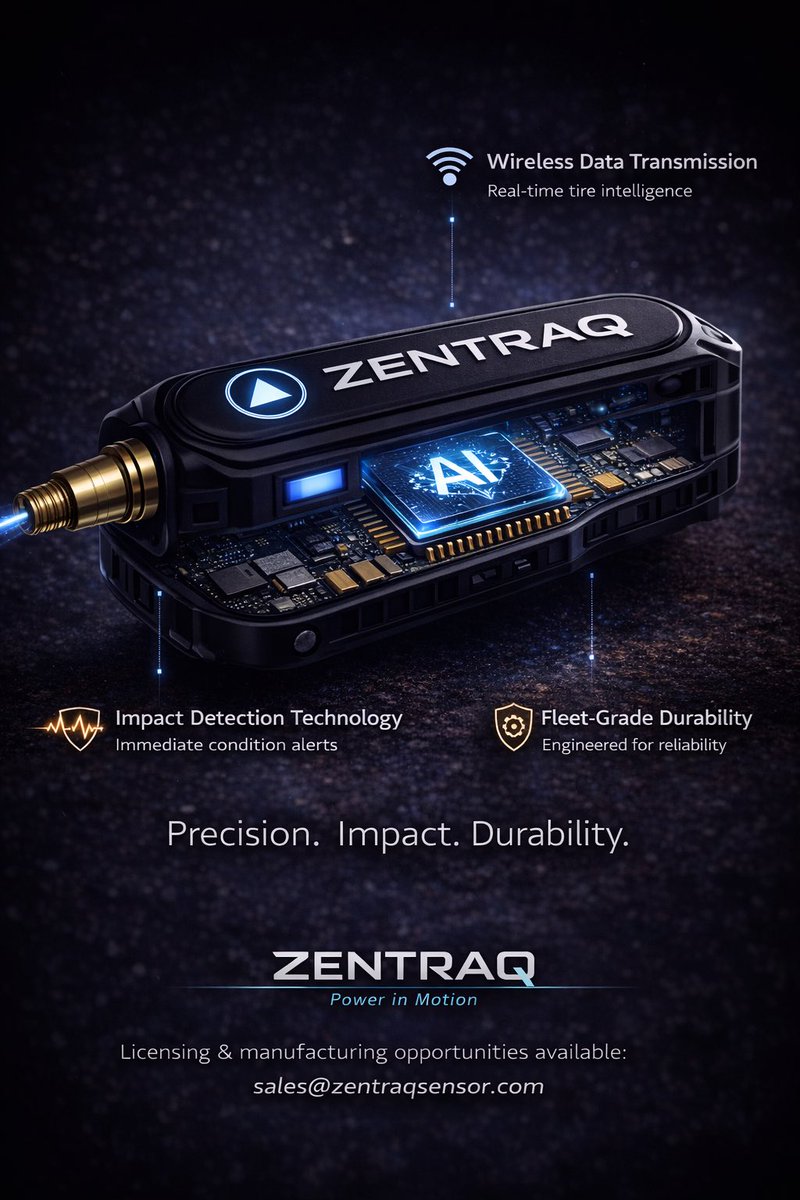 ZentraqSensor's tweet photo. Precision you can see. Intelligence you can’t.

Zentraq is engineered from the inside out—delivering real-time tire intelligence through advanced internal systems designed for performance, reliability, and scale.

Every detail matters. Every mile counts.

Core capabilities:

• Wireless Data Transmission – Real-time connectivity across fleets
• Impact Detection Technology – Immediate condition alerts
• Fleet-Grade Durability – Built for long-term reliability

Three innovations working together to drive smarter, more efficient fleets.

📩 Licensing & manufacturing opportunities available:
sales@zentraqsensor.com

ZENTRAQ
Power in Motion

#Zentraq #PowerInMotion #FleetTechnology #SmartSensors #AutomotiveInnovation #ConnectedFleet