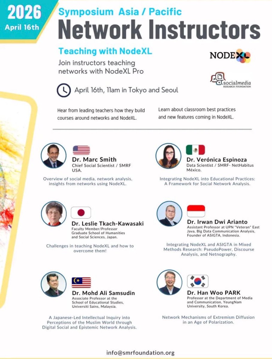 traviisharuto's tweet image. Saksikan bagaimana para ahli dunia menggunakan NodeXL Pro dalam riset dan pengajaran! 🌏📈

Jangan lewatkan "Network Instructors Symposium 2026" bersama Social Media Research Foundation.

🗓️ 16 April 2026
🕚 11:00 AM (Tokyo/Seoul)

#26KomdigEvent #BigData #SocialNetworkAnalysis