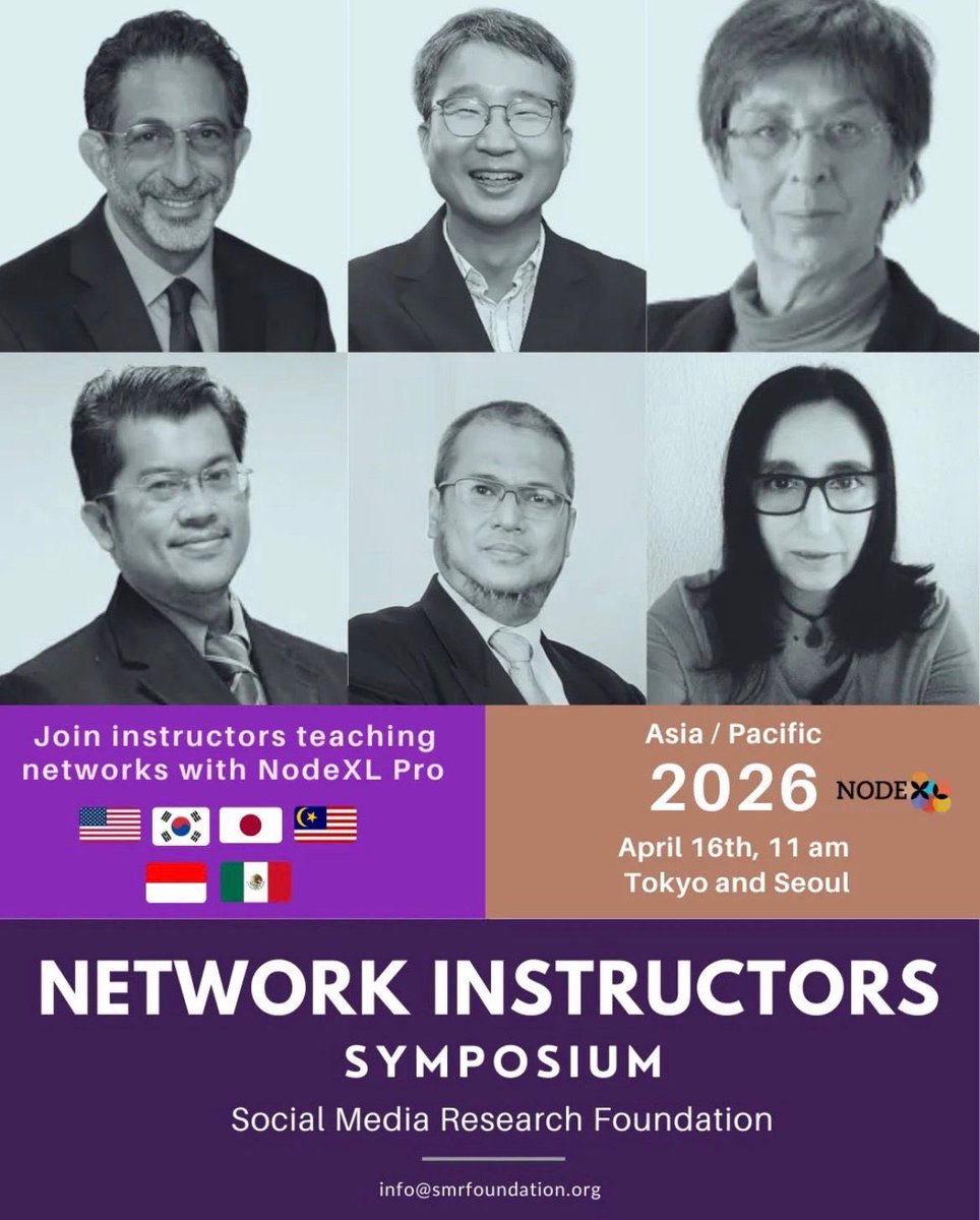 traviisharuto's tweet image. Saksikan bagaimana para ahli dunia menggunakan NodeXL Pro dalam riset dan pengajaran! 🌏📈

Jangan lewatkan "Network Instructors Symposium 2026" bersama Social Media Research Foundation.

🗓️ 16 April 2026
🕚 11:00 AM (Tokyo/Seoul)

#26KomdigEvent #BigData #SocialNetworkAnalysis