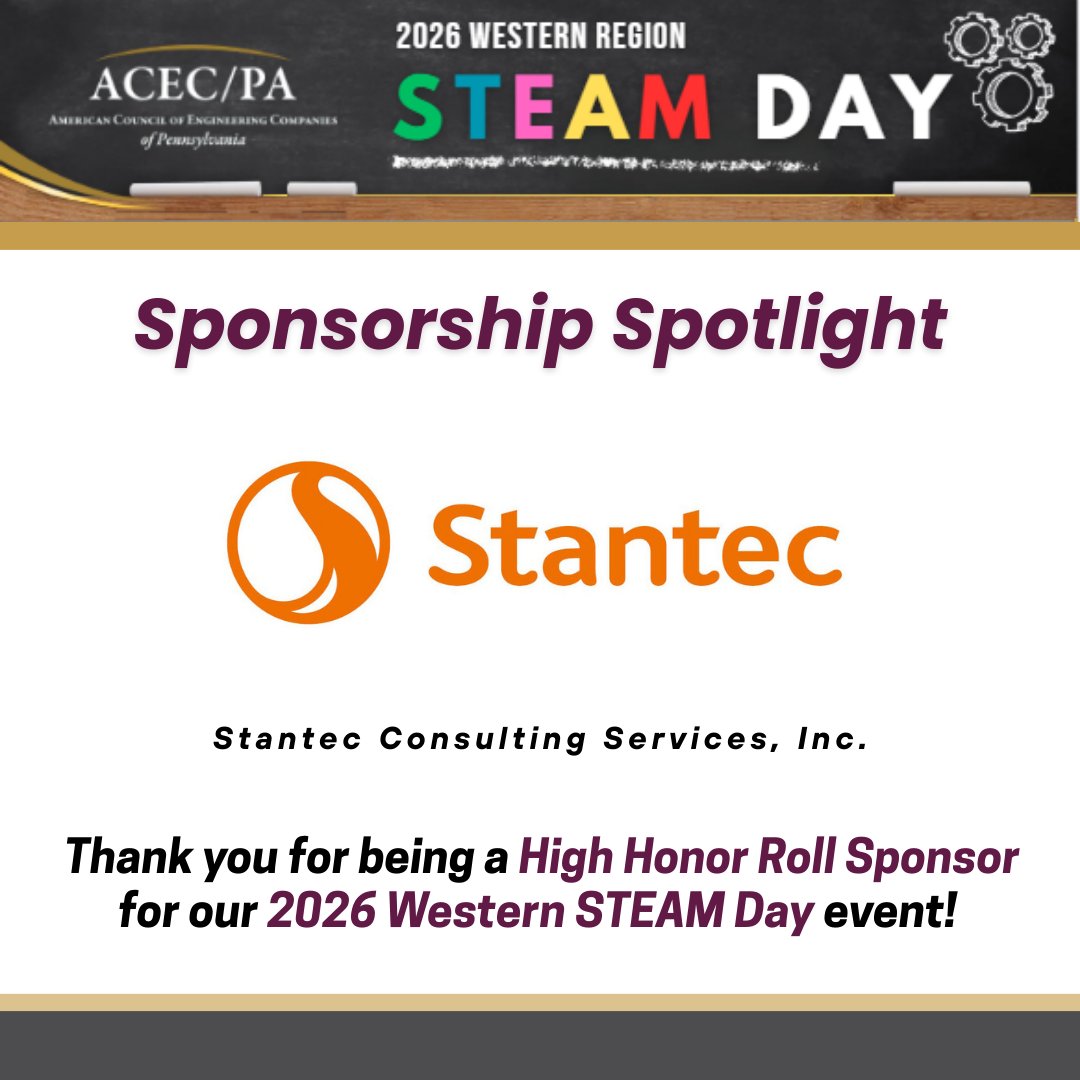 ACEC_PA's tweet image. Thank you to Stantec Consulting Services, Inc., our High Honor Roll Sponsor, for supporting ACEC/PA’s inaugural STEAM Day on April 17!

#ACECPA #STEAM #STEM #InvestInYourAssociation #SponsorshipThankYou