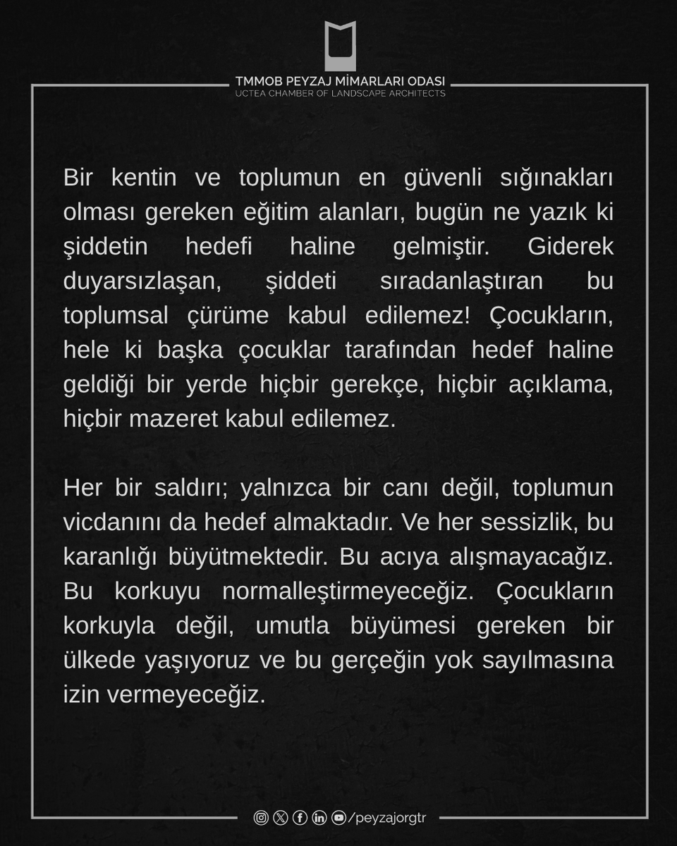 peyzajorgtr's tweet photo. Okullarımızda hayatını kaybeden öğretmenlerimize ve evlatlarımıza Allah’tan rahmet; ailelerine, yakınlarına ve tüm eğitim camiasına başsağlığı, yaralananlara ise acil şifalar diliyoruz.

TMMOB Peyzaj Mimarları Odası
17. Dönem Yönetim Kurulu

https://t.co/udg33D08Xd https://t.co/neWZrqptiw