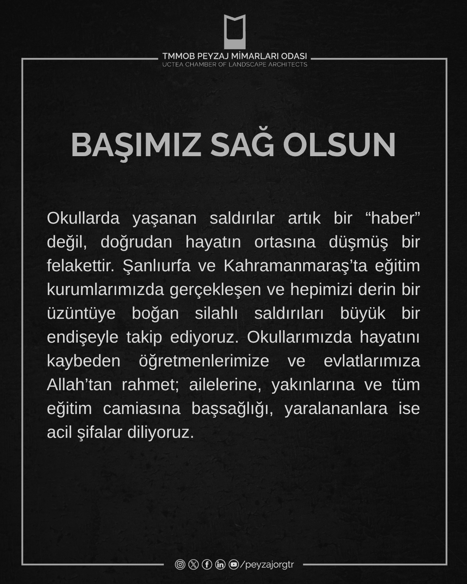 peyzajorgtr's tweet photo. Okullarımızda hayatını kaybeden öğretmenlerimize ve evlatlarımıza Allah’tan rahmet; ailelerine, yakınlarına ve tüm eğitim camiasına başsağlığı, yaralananlara ise acil şifalar diliyoruz.

TMMOB Peyzaj Mimarları Odası
17. Dönem Yönetim Kurulu

https://t.co/udg33D08Xd https://t.co/neWZrqptiw