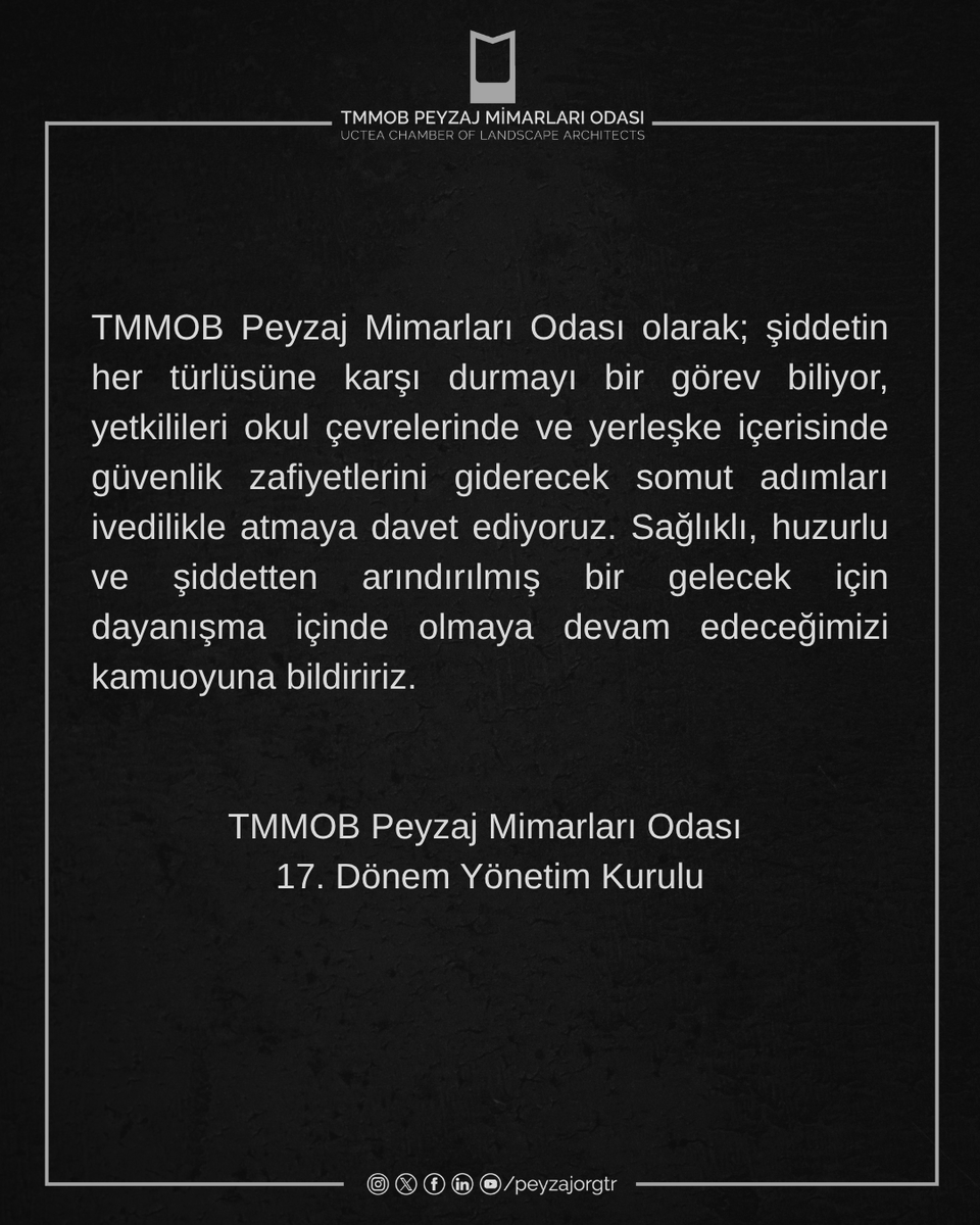 peyzajorgtr's tweet photo. Okullarımızda hayatını kaybeden öğretmenlerimize ve evlatlarımıza Allah’tan rahmet; ailelerine, yakınlarına ve tüm eğitim camiasına başsağlığı, yaralananlara ise acil şifalar diliyoruz.

TMMOB Peyzaj Mimarları Odası
17. Dönem Yönetim Kurulu

https://t.co/udg33D08Xd https://t.co/neWZrqptiw