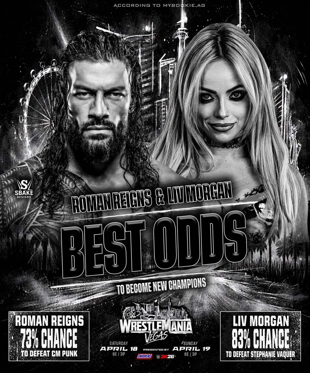 SbakeDesigns's tweet image. Roman Reigns &amp;amp; Liv Morgan are heavy favorites to become new champions at #WrestleMania!

#WWE