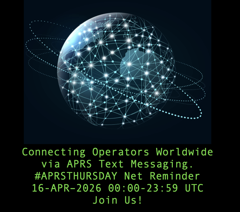kc8owl's tweet photo. WHAT: #APRSTHURSDAY net
WHEN: 16-APR-2026 00:00 - 23:59 UTC
HOW: Set Destination Station = ANSRVR
HOW: Enter Message body = CQ [space] HOTG [space] Happy aprsthursday

Join us for this week’s #APRSTHURSDAY worldwide net using either ANSRVR or APRSPH. #hamradio #amateurradio https://t.co/sueqqwFFJa
