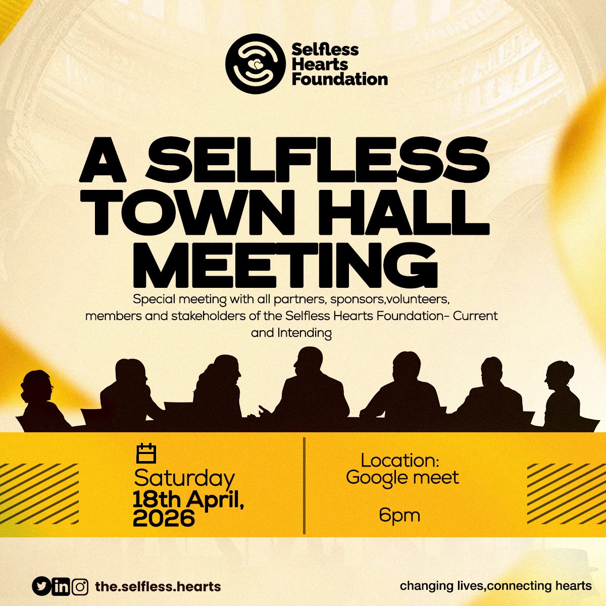 Let's get closer! 🫂💛

The Selfless Hearts Foundation is hosting a Special Stakeholders &amp; Impact Meeting for partners, sponsors, volunteers, members, collaborators - past, current and intending and we want YOU there ! 🫢

#thread
