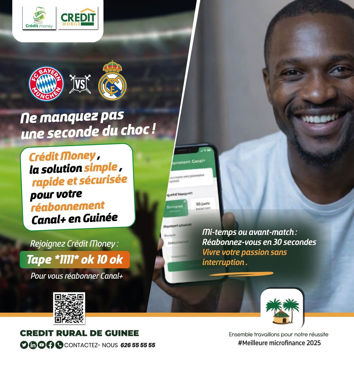 Votre réabonnement Canal+, c’est désormais 30 secondes chrono avec Crédit Money.

Que vous soyez en plein avant-match, à la mi-temps ou même juste avant le coup d'envoi, composez le *1111* ok 10 ok pour vous réabonner instantanément.

#CRG 
#Guinée
#CreditMoney
