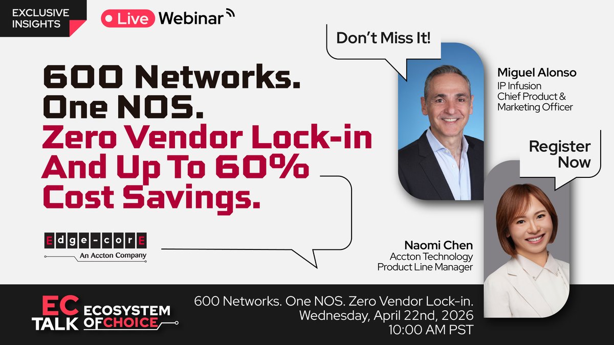 EdgecoreNetwork's tweet image. ⏰ One week to go!
What actually works in real-world migrations? We asked 600 operators.

Join our webinar:
🌐 600 Networks. One NOS. Zero Vendor Lock-in.
📅 Apr 22, 2026 | 🕙 10 AM PST

🔗 Register now: na2.hubs.ly/H04MSK60
#Webinar #NetworkingSolutions