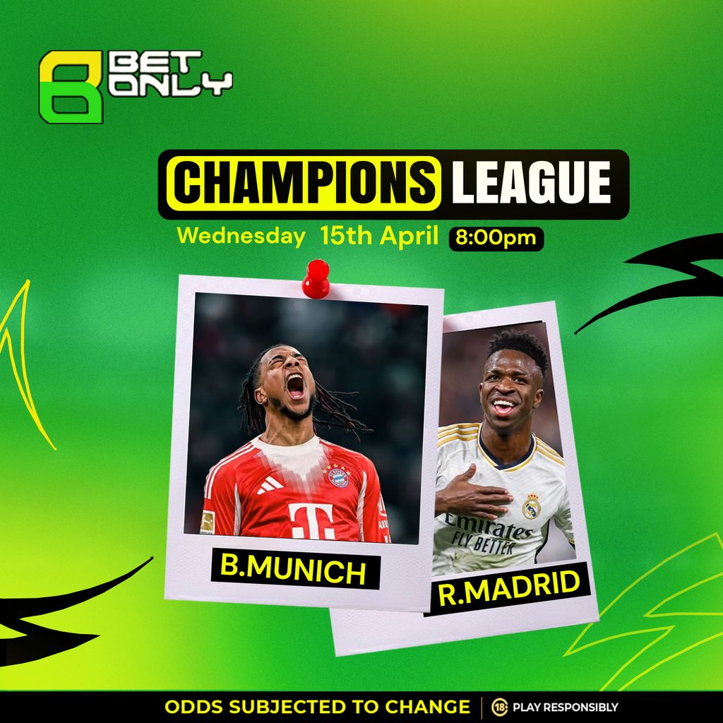 Two giants. One night. 🔥
FC Bayern Munich vs Real Madrid CF
~
Remontada in Germany?
Expect nothing less than Champions League drama. 👀

Get ahead of the action and place your prediction early on betonly.com