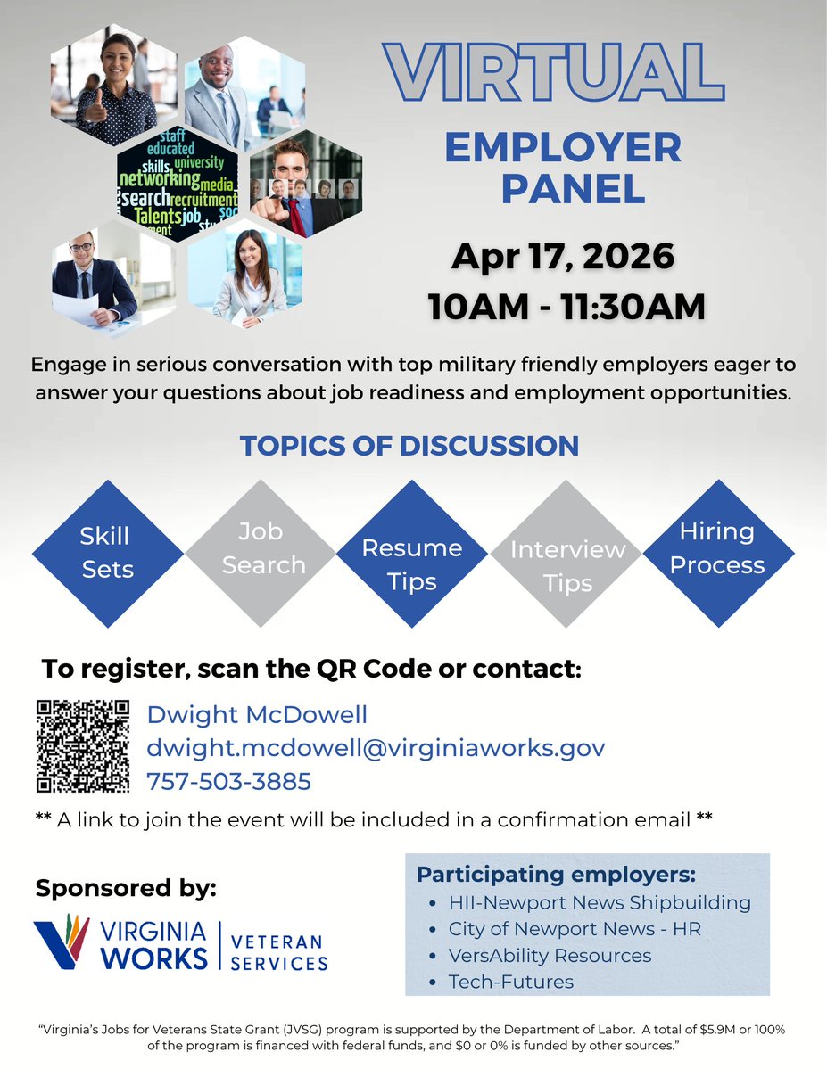vaemploy's tweet image. Virginia Works is offering a virtual employer panel with military-friendly employers on April 17 from 10am to 11:30.
To register, scan the QR Code or contact Dwight McDowell: dwight.mcdowell@virginiaworks.gov  #757.503.3885
