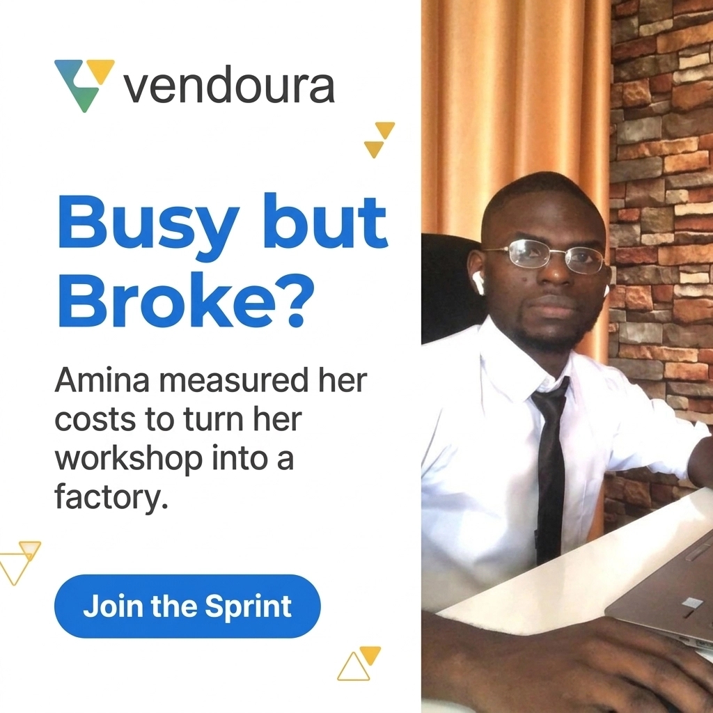 VendouraHub's tweet image. Amina used to guess her costs. She was busy but broke. Then she tracked everything for 3 months. When a big order came, she didn't panic. She knew her numbers. Precision turned her workshop into a factory. 

#Vendoura #SuccessStory #Scaling #BusinessStructure