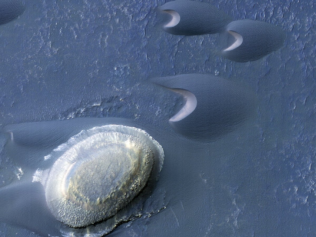 HiRISE's tweet image. HiPOD: Downwind of the Barchan Dunes

The science rationale for this beautiful image is to look for and measure seasonal changes due to wind (aeolian) processes. High flux dunes upwind, but how do they compare downwind? 

uahirise.org/hipod/ESP_0768…
#Mars #science #NASA