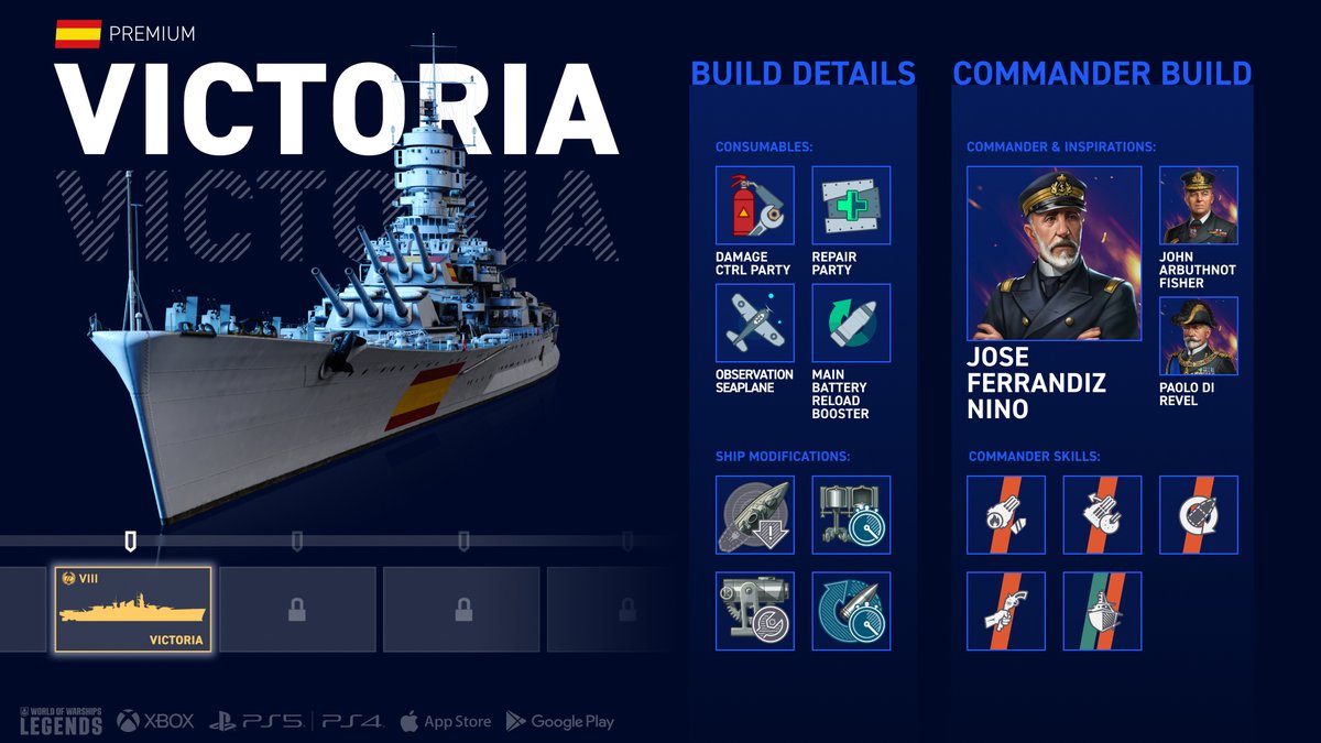 WoWs_Legends's tweet image. Commanding Victoria already, or getting ready to add her to your fleet? 🇪🇸

Here’s a #build we recommend to get the most out of her firepower ⚓💥

#Victoria #Battleship