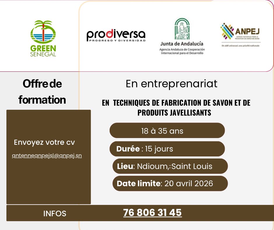 ANPEJ_Emploi's tweet photo. Nouvelle offre de formation à Saint Louis en techniques de fabrication de savon et de produits javellisants.

Ci-dessous, les détails pour postuler. https://t.co/HGtqy7GzSC