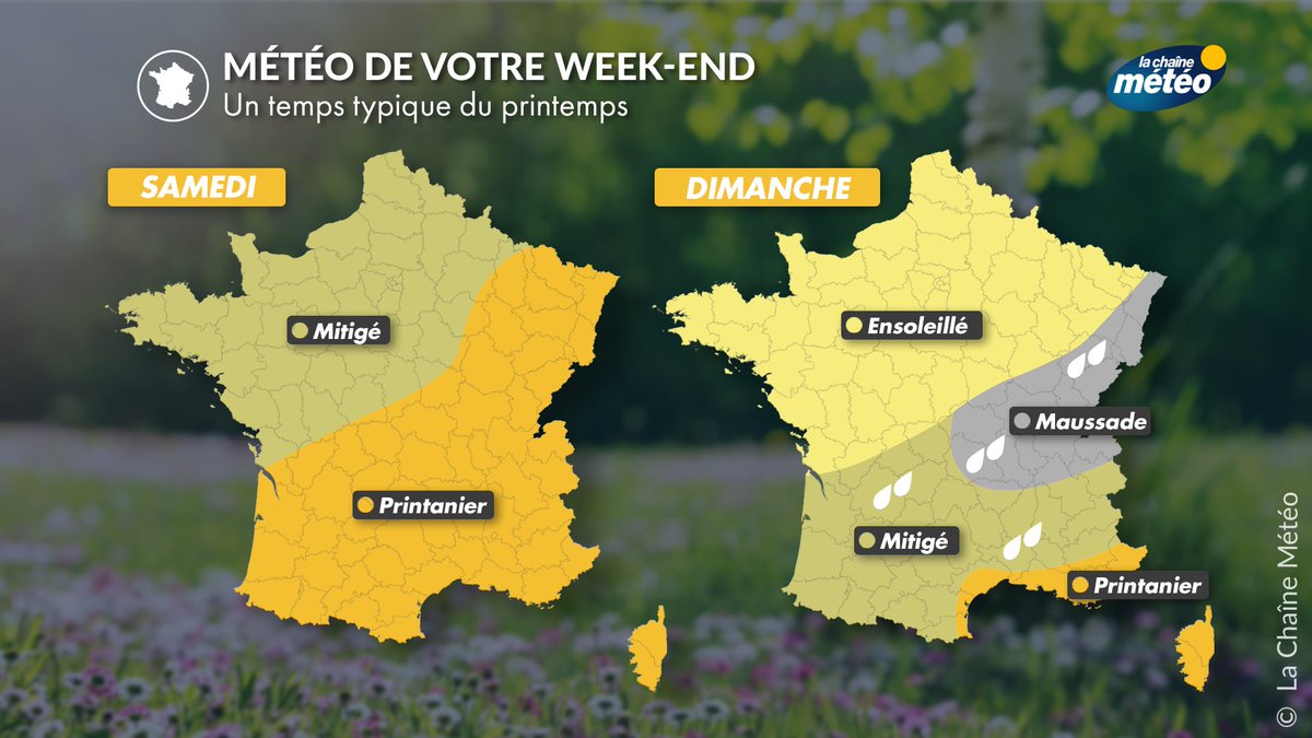 lachainemeteo's tweet image. 🌤️Le ressenti de votre #weekend : une météo typique de printemps, avec une belle journée #printanière en perspective samedi, avant le passage d'un front, et le développement d'averses orageuses du centre au nord-est dimanche.