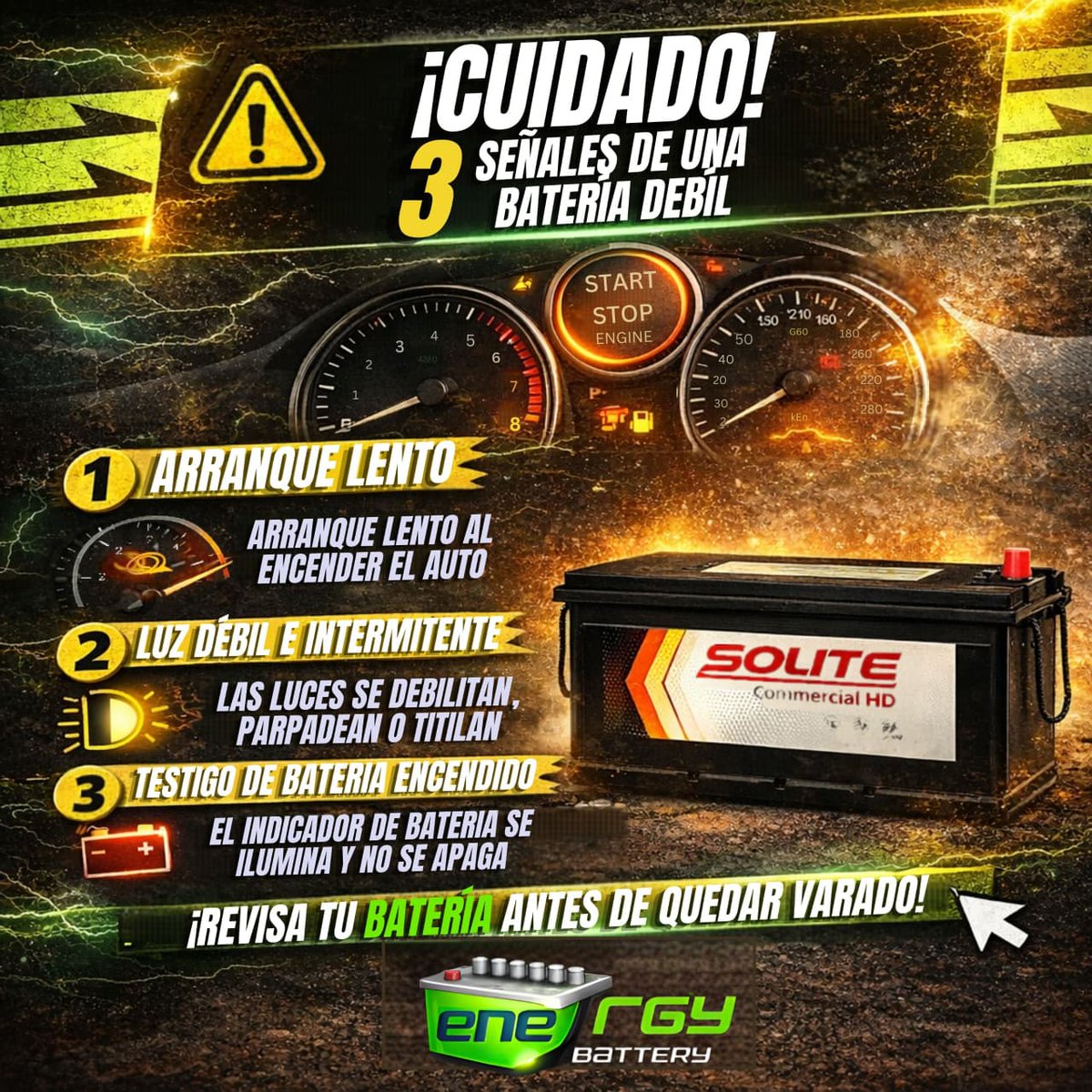 energybatteryco's tweet photo. Señales de #batería débil. Arranque lento, luces de baja intensidad o débiles y señal de testigo de batería encendido en el tablero de tu #auto
No esperes a quedarte varado. Revisa tu batería a tiempo y evita malos momentos.
Puedes agendar tu revisión aquí https://t.co/4eel2yI5eu https://t.co/p0pKkxNEpf