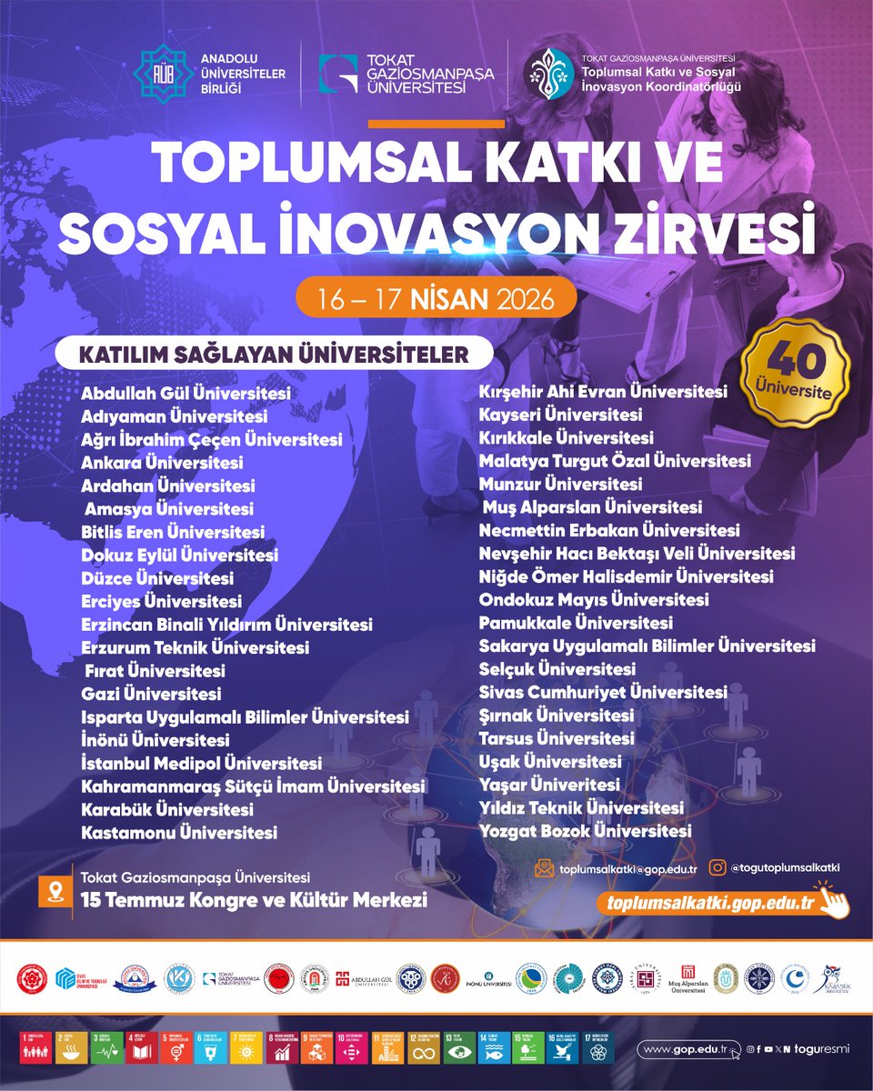 toguresmi's tweet photo. 🌍✨ Geleceği Sosyal İnovasyonla Şekillendiriyoruz! 

Anadolu Üniversiteler Birliği ve Üniversitemiz iş birliğiyle düzenlenen "Toplumsal Katkı ve Sosyal İnovasyon Zirvesi" için geri sayım başladı!

36 üniversitenin katılımıyla gerçekleşecek bu dev organizasyonda; seminerler, çalıştaylar ve saha gezileriyle toplumsal fayda için bir araya geliyoruz.

🗓 Tarih: 16 - 17 Nisan 2026

📍 Yer: 15 Temmuz Kongre ve Kültür Merkezi

Geleceğin dünyasını birlikte inşa etmek için tüm akademik personelimizi ve öğrencilerimizi bekliyoruz.

🔗 Detaylı bilgi için: https://t.co/TIDrxwHcuF

@togutoplumsalkatki 
#gaziosmanpaşaüniversitesi